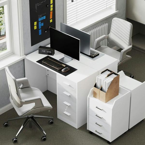 White computer desk with drawers and open workspace, two chairs and monitor