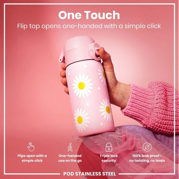 A pink, daisy-patterned water bottle is held; its flip top opens one-handed. The bottle features triple lock security and is leakproof; it is made of stainless steel.