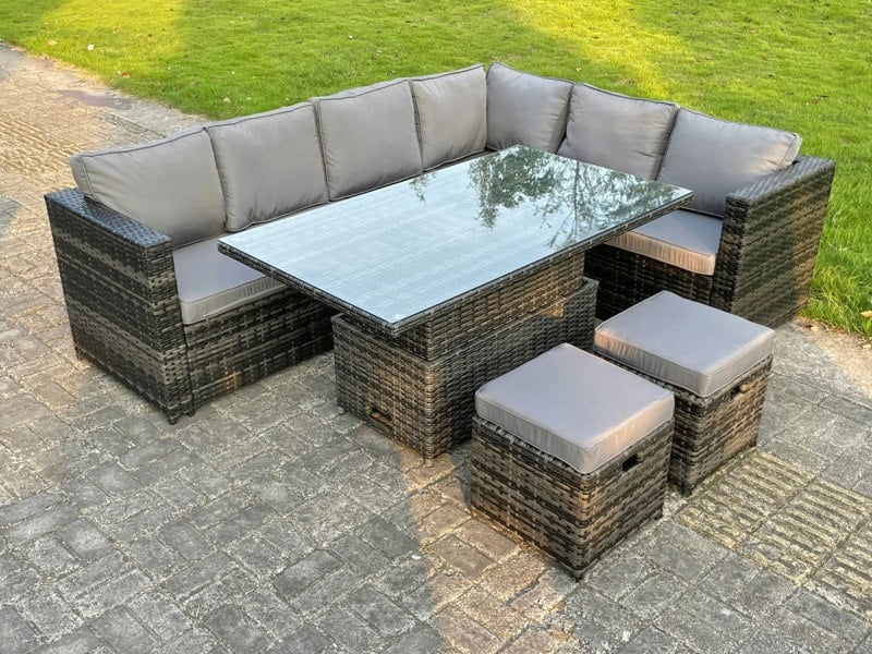 Fimous 8 Seat Dark Mixed Grey Rattan Garden Furniture Corner Sofa Set Adjustable Dining Or Coffee Table Right Side