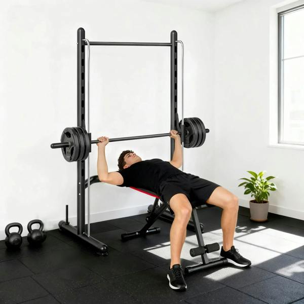 Black adjustable squat rack with barbell bar supports, used for bench press