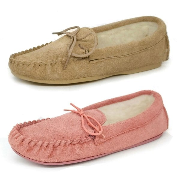 Mokkers Coopers Suede Wool Lined Ladies Pink Moccasin Slippers Made In England