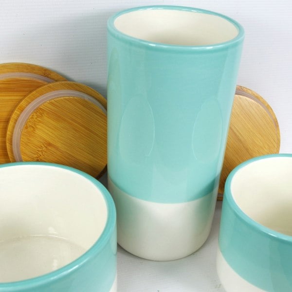 Leaf Set of Three Canisters Aqua Green Ceramic Storage Jars with Lids