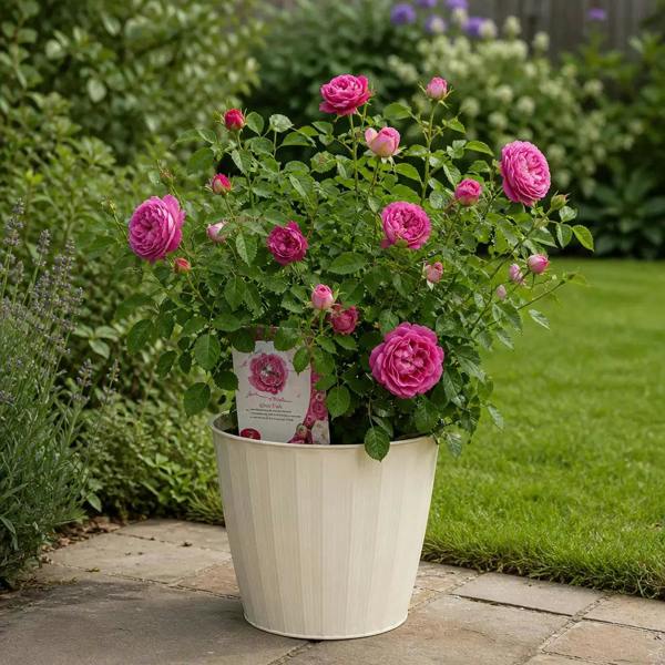 5L Rose Let's Celebrate Dark Pink Rose Bush- Beautiful Flowering Garden Plant - Metal Cream Vertical