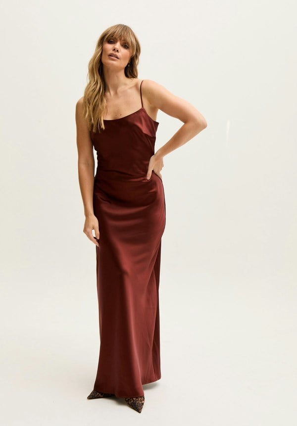 Roxy Spaghetti Strap Maxi Dress In Choclate Brown