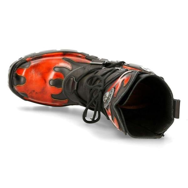New Rock Flame Accented Black/Red Leather Boots- 591-S1