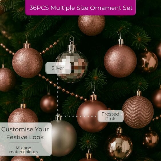 Neo Silver 36 Christmas Tree Ornaments Set Baubles Glitter Balls Holiday Festive Decorations Assorted Sizes Colours Home Party Décor