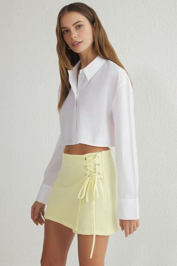 WOVCOR Woven Short Skirt with Tie and Eyelet Detail