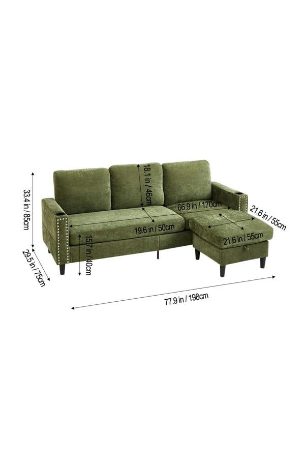 Living and Home Polyester Upholstered L-Shaped 3-Seater Sectional Sofa with Ottoman
