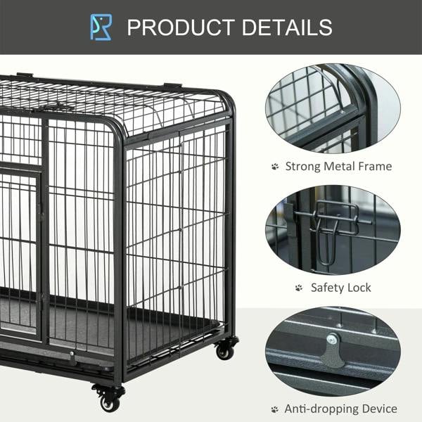 Dark grey metal dog kennel with safety lock and reinforced frame details