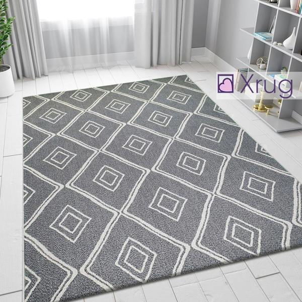 Cotton Grey Rug Diamond Geometric Pattern