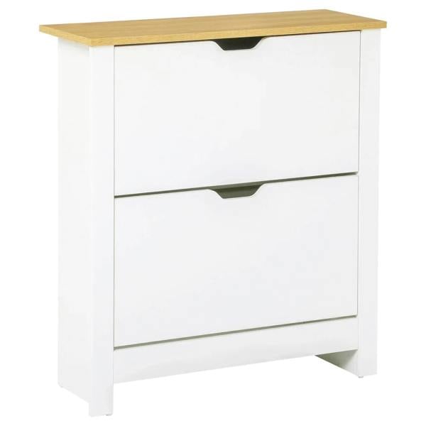 White narrow shoe cabinet with two flip drawers and wood-look top