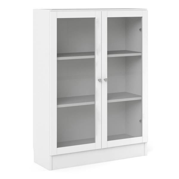 Furniture To Go Basic Low Wide Display Cabinet in White (2 Shelves) with 2 Glass Doors in White