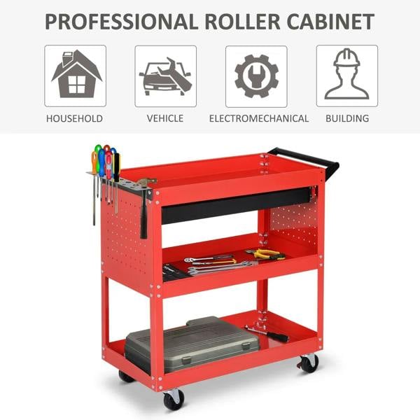 Red 3-tier roller tool cabinet cart with perforated panels and caster wheels