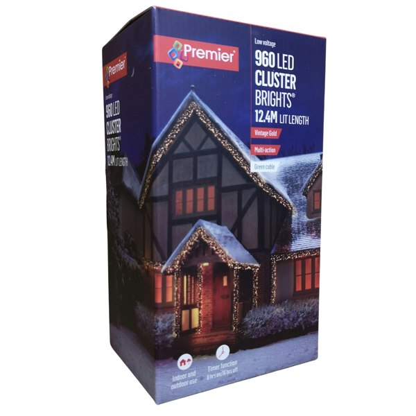 Samuel Alexander 960 LED 12.4m Premier Clusterbrights Indoor Outdoor Multifunction Mains Operated Christmas Cluster Lights with Timer in Vintage Gold