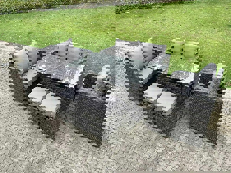 Fimous Dark Grey PE Wicker Rattan Garden Furniture Set Reclining Chair Love Sofa 2 Seater Sofa Set Outdoor Rectangular Dining Table 2 Stools 5 Seater