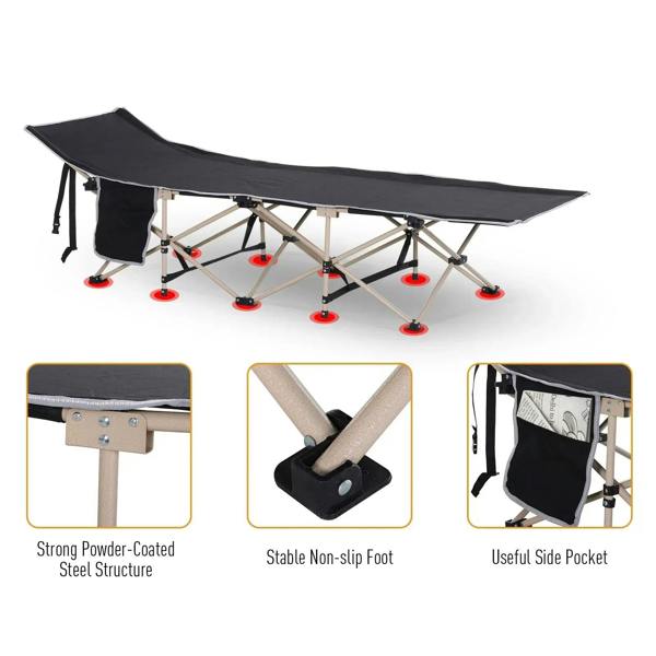 Black folding camping cot with side pocket and stable non-slip feet