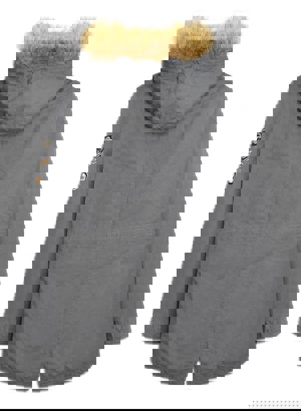 Lambretta Mens/Womens Carnaby Scooter Hooded Classic Mod Ska Badge Parka, gray coat with faux fur-lined hood and patch detail on the sleeve.