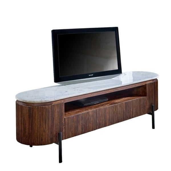 IH Design Miel Mango Wood Large TV Stand With Marble Top & Metal Legs