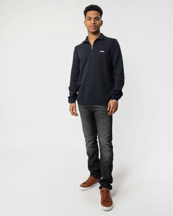 BOSS Green Ever-X Mens Cotton Blend Zip-Neck Sweater with Logo Print - Dark Blue 402