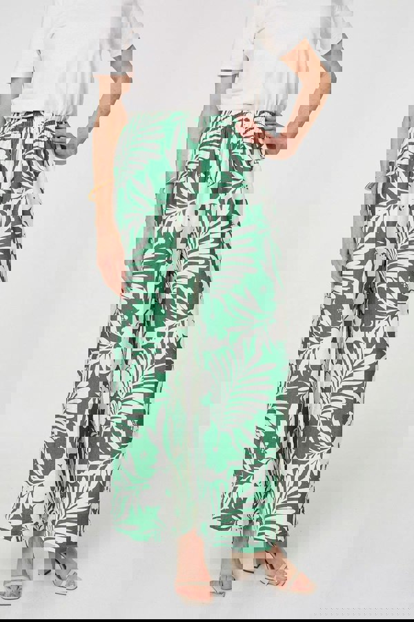 Green | Tropical Floral Wide Leg Trousers
