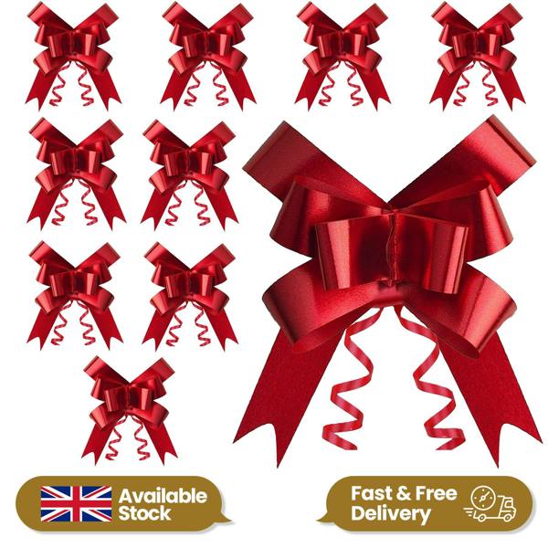 30mm Red Pull Bows, 10 Pack to 60 Pack Ribbon Gift Bows for Wrapping, Hampers and Décor image 1