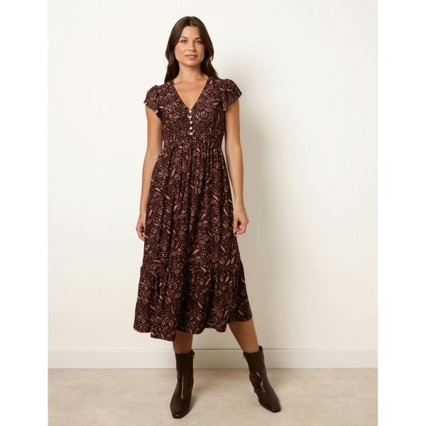 Blue Vanilla V Neck Midi Dress With Shirred Waist Button Front