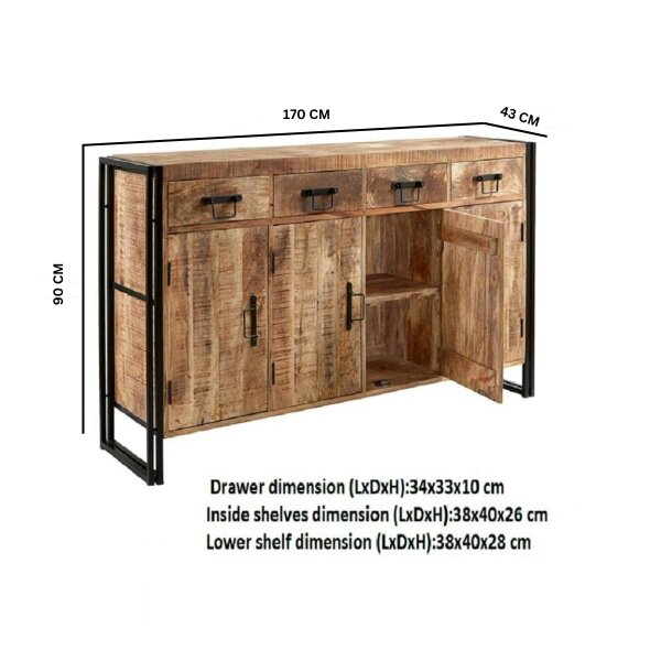 Wyld Haus Toivakka Industrial Reclaimed Wood Large Sideboard 4 Drawers 4 Doors