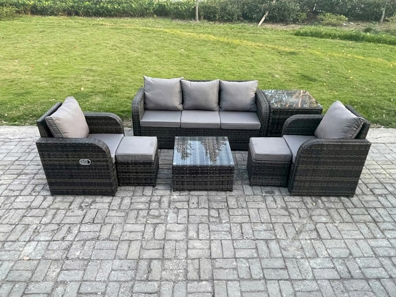 Fimous 7-Seater Rattan Garden Sofa Set - Dark Grey Mixed Wicker Patio Furniture with Reclining Chair & 2 Small Footstools