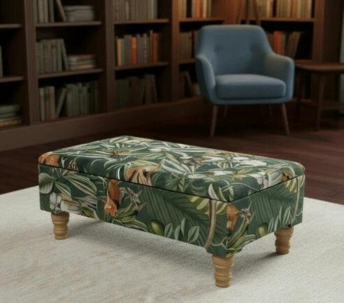 ISTOOLS Premium Green Floral Velvet Ottoman Bench with Storage – Luxury Coffee Table & Pouffe Seating - 36 x 24 Inches (92 x 61cm)