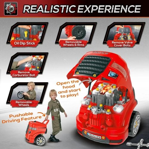 Bobobiy Kids Truck Engine Toy Set, Toddler Educational Car Service Station Playset, Take Apart Workshop, Light, for 3-5 Years Old Red