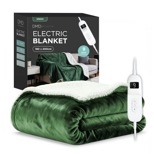 DMD Collective Heated Electric Blanket - Sherpa Fleece, Auto-Off, 9 Heat Levels - 180cm x 200cm - Green