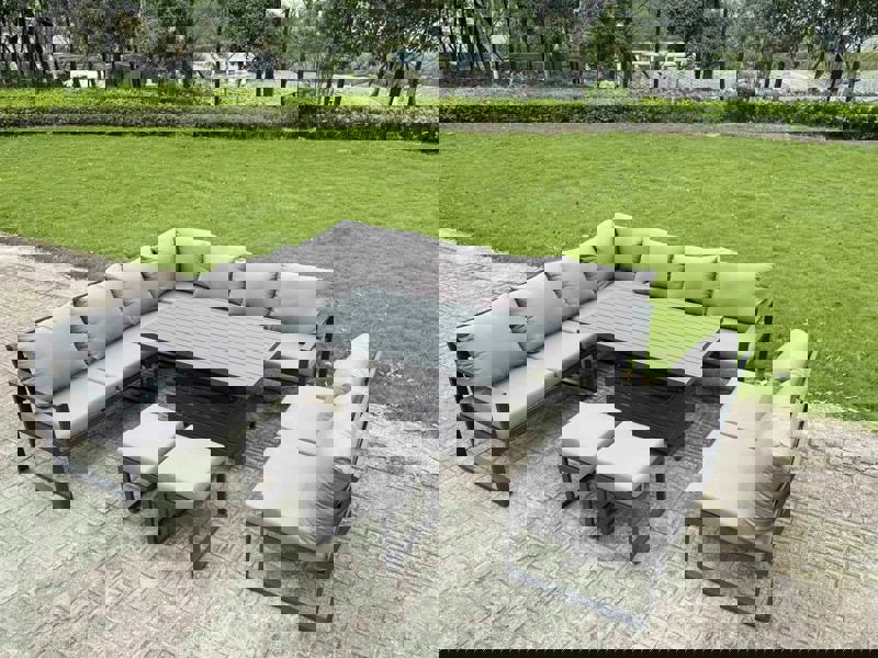 Fimous 10 Seater Aluminium Garden Furniture Set with Adjustable Rising Dining Table, Corner Sofa & 2 Footstools - Grey