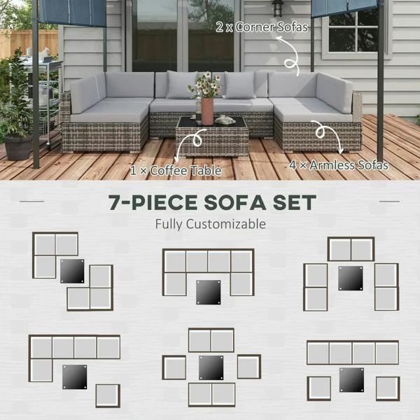 Grey rattan 7-piece sofa set layout diagram with corner sofas and coffee table.