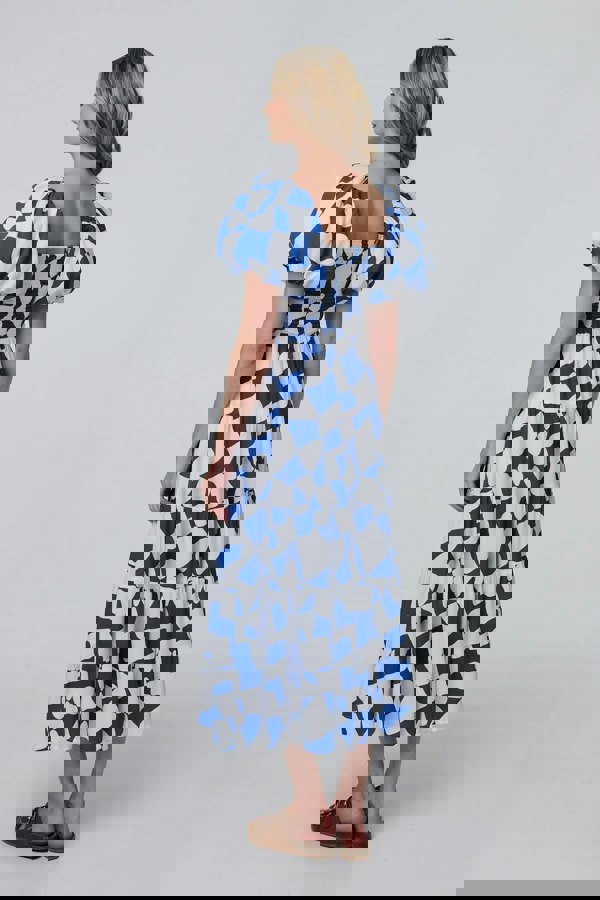 Blue | Printed Puff Sleeve Bardot Smock Midi Dress
