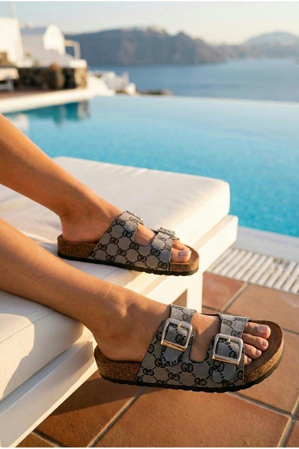 Tamsin Double Buckle Monogram Print Sliders - Black