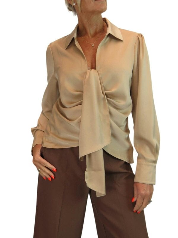 Paulo Due Women's Long Sleeve Tie Front Satin Blouse Shirt - Champagne Gold