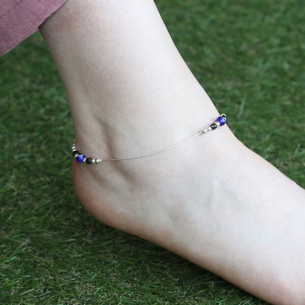 The Colourful Aura Pure Silver Beaded Evil Eye Nazar Payal Anklet with Charm Cluster