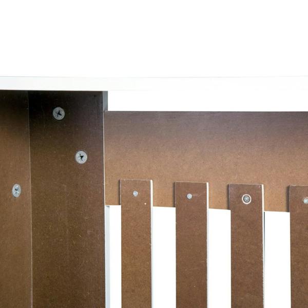 White slatted radiator cover with rear backing and screw fasteners visible