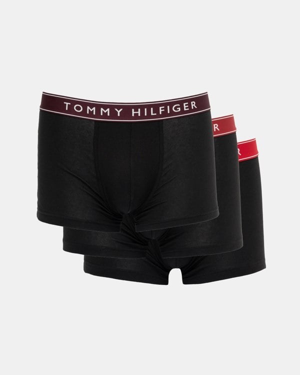 Tommy Hilfiger 3 Pack Mens Waistband Trunks in B-Burgundy/Red/Primary Red