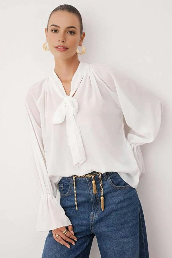 WOVCOR Unlined Woven Party Blouse with Neck Tie Detail