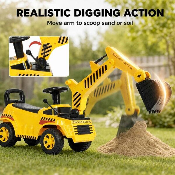 Kids Ride on Digger, Toddler Construction Toy Car with Security Helmet, Horn, Detachable Digging Arm