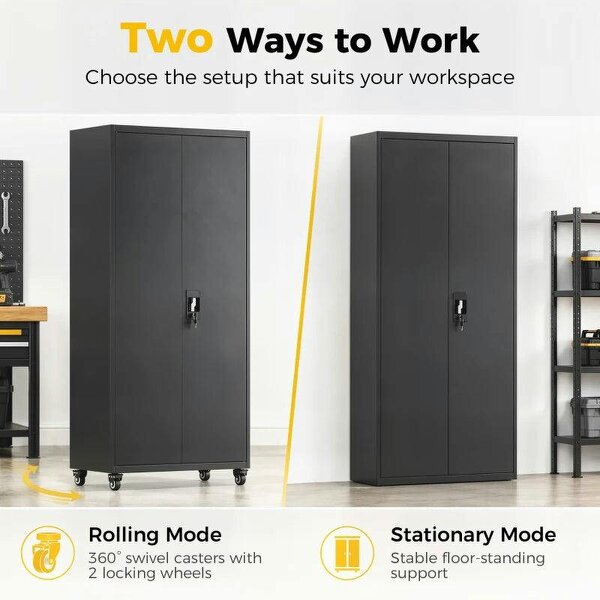 Metal Storage Cabinet, 180 cm Tall Lockable Steel Tool Cabinet with Removable Wheels and Adjustable Shelves, Black