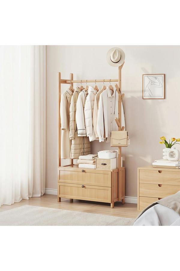 Living and Home Freestanding Bamboo Clothes Rack Garment Rack with Storage Shelves Coat Hanger