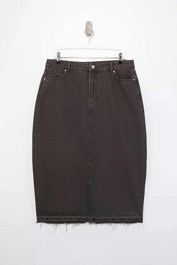 WOVCOR Front Slit Midi Length 100% Cotton Non-Stretch Plus Size Denim Skirt