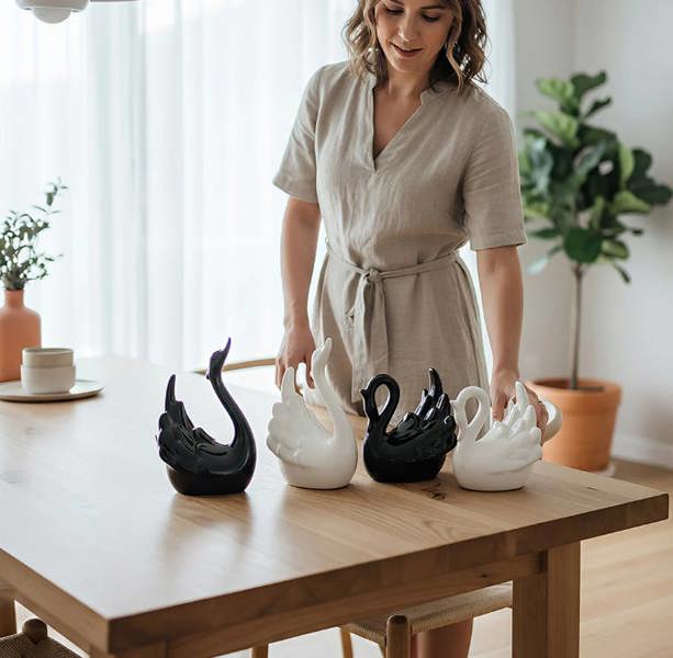 ANYDECO Figurine Set 2PC Nordic Ceramic Mini Swan Couple Statue Table Ornaments