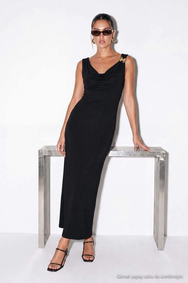 WOVCOR Degaje Neckline Shoulder Embellished Bodycon Midi Dress