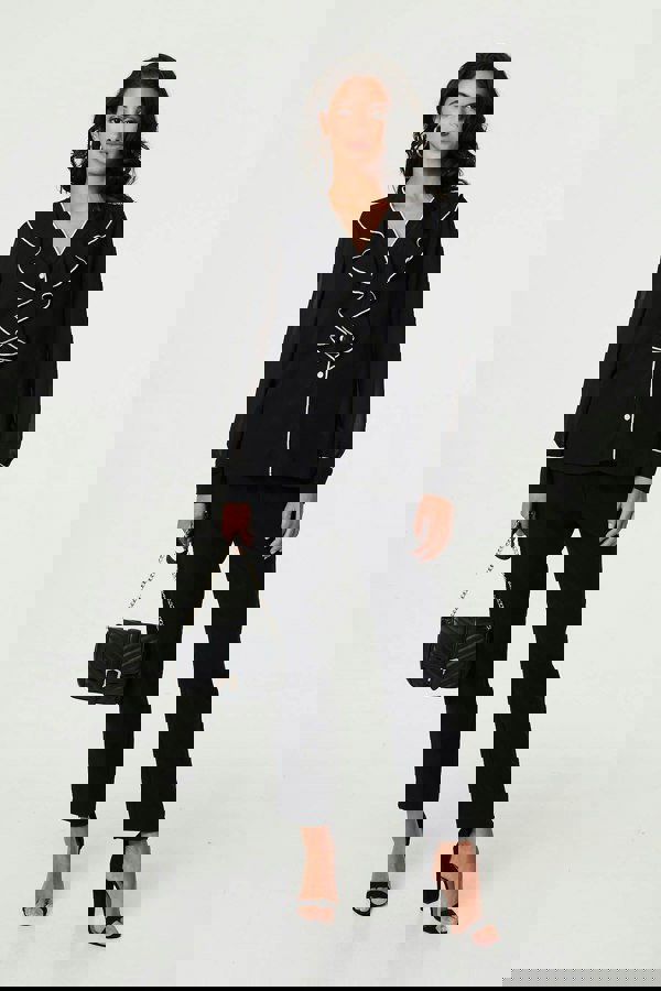 Black | Contrast Trim Semi Sheer Ruffled Blouse
