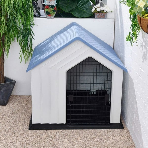 Large Blue-Top Plastic Dog House with Iron Door Living and Home