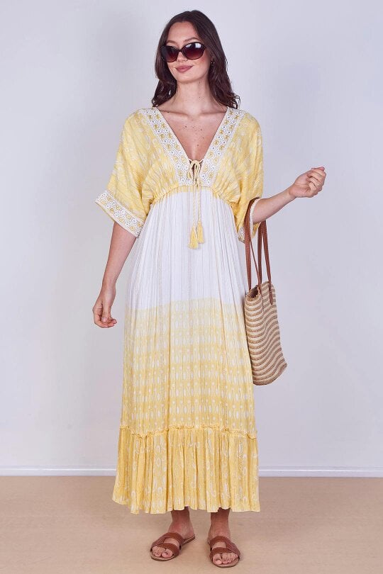Boho Embroidered Maxi Dress with Tassel Tie – One Size (UK 8–14)