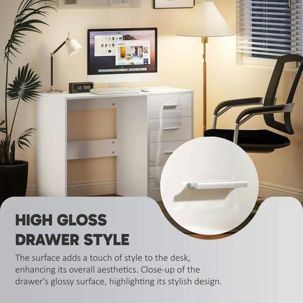 White computer desk with high-gloss drawer style and open shelving, office setup